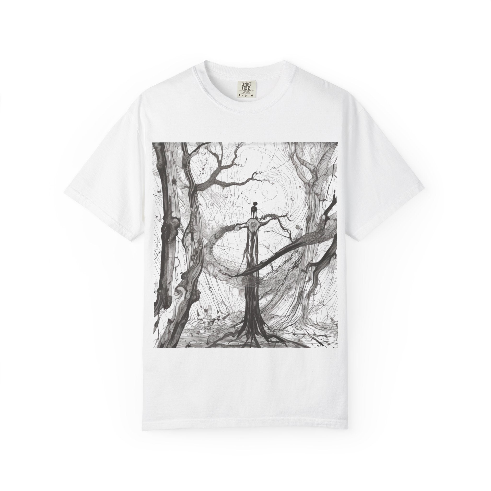 Nature-Inspired Unisex Garment-Dyed T-Shirt with Artistic Tree Design