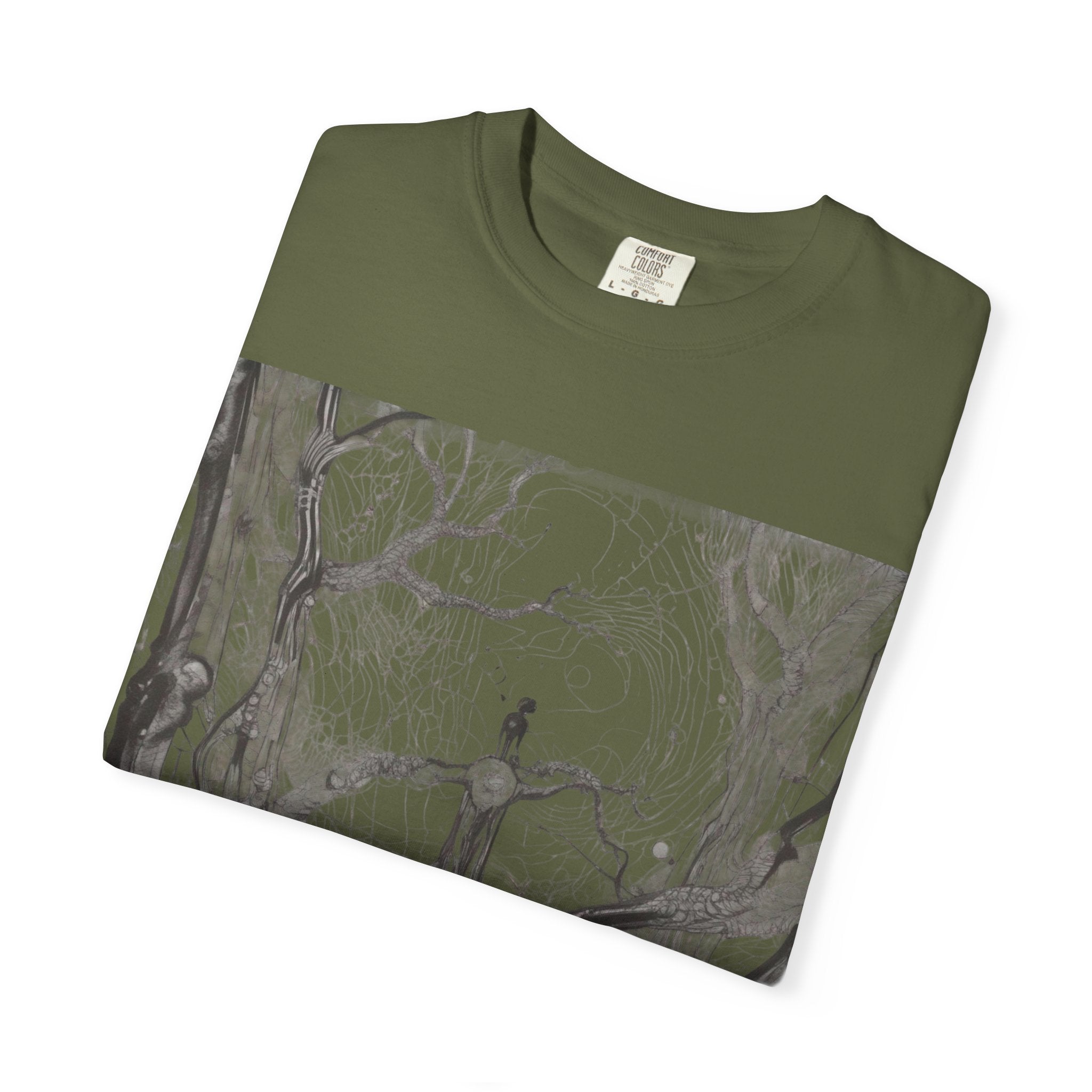 Nature-Inspired Unisex Garment-Dyed T-Shirt with Artistic Tree Design