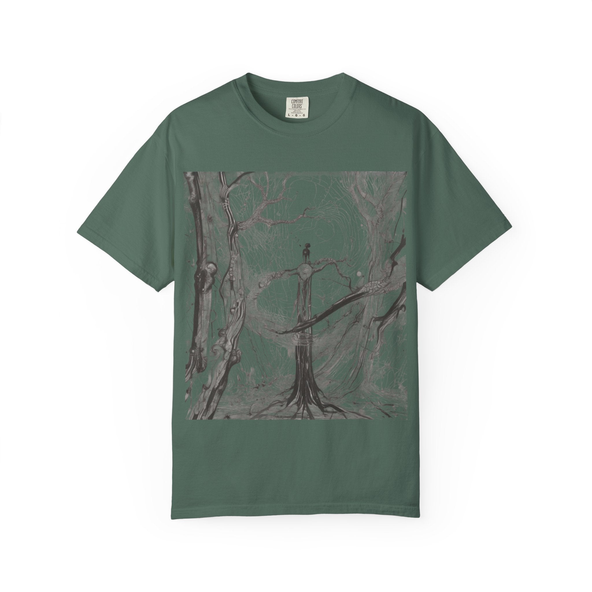 Nature-Inspired Unisex Garment-Dyed T-Shirt with Artistic Tree Design