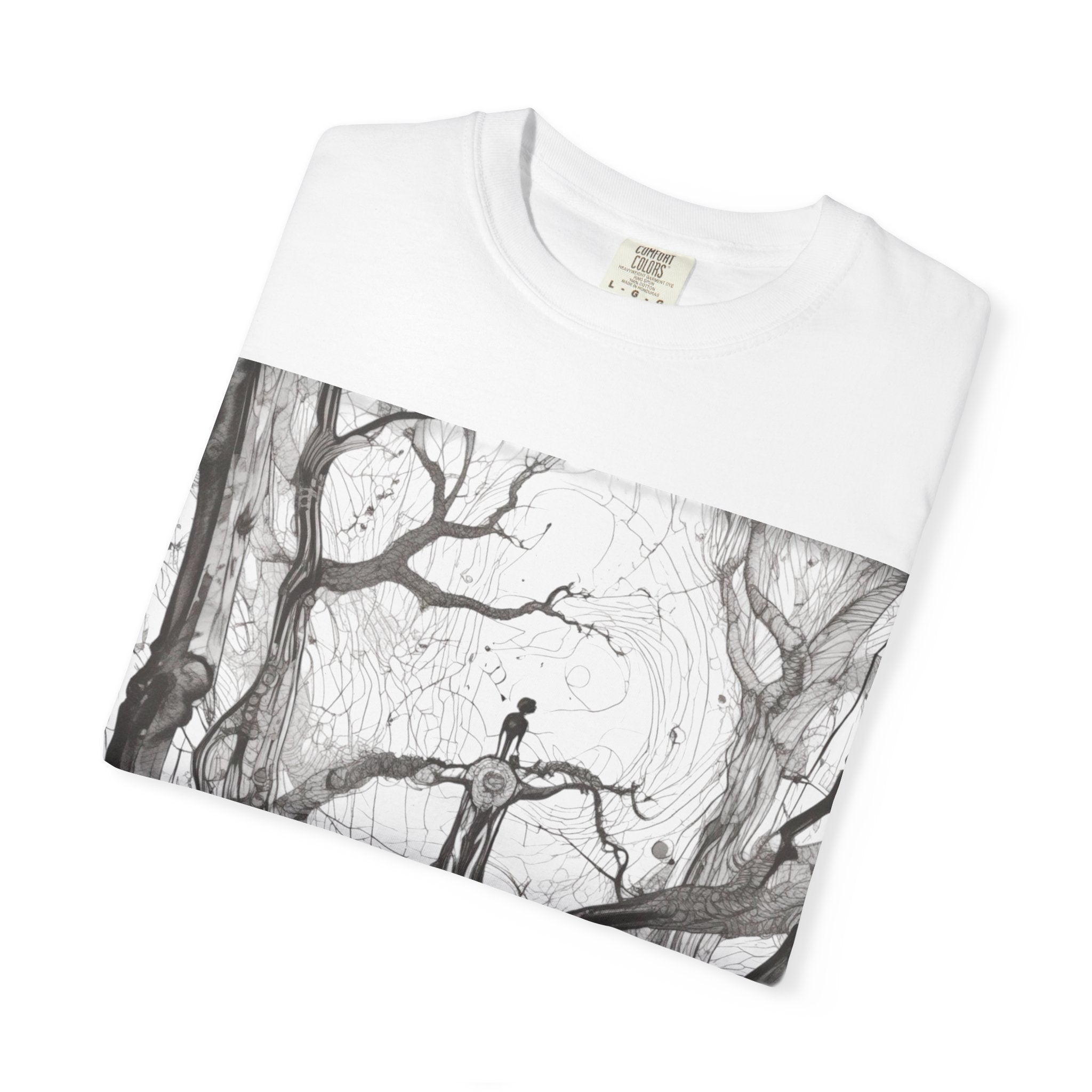 Nature-Inspired Unisex Garment-Dyed T-Shirt with Artistic Tree Design