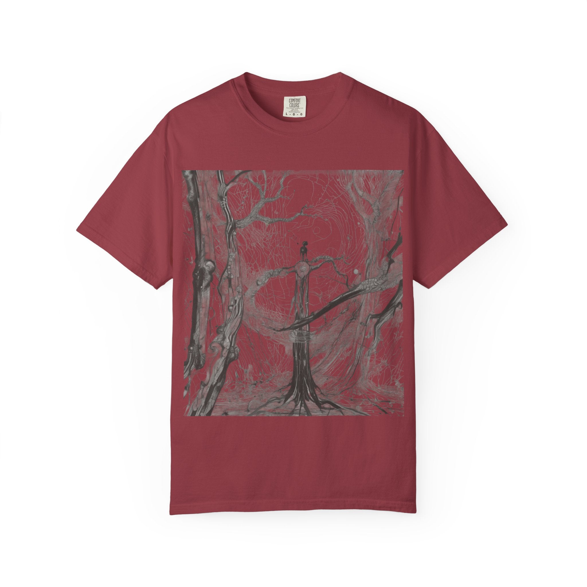 Nature-Inspired Unisex Garment-Dyed T-Shirt with Artistic Tree Design