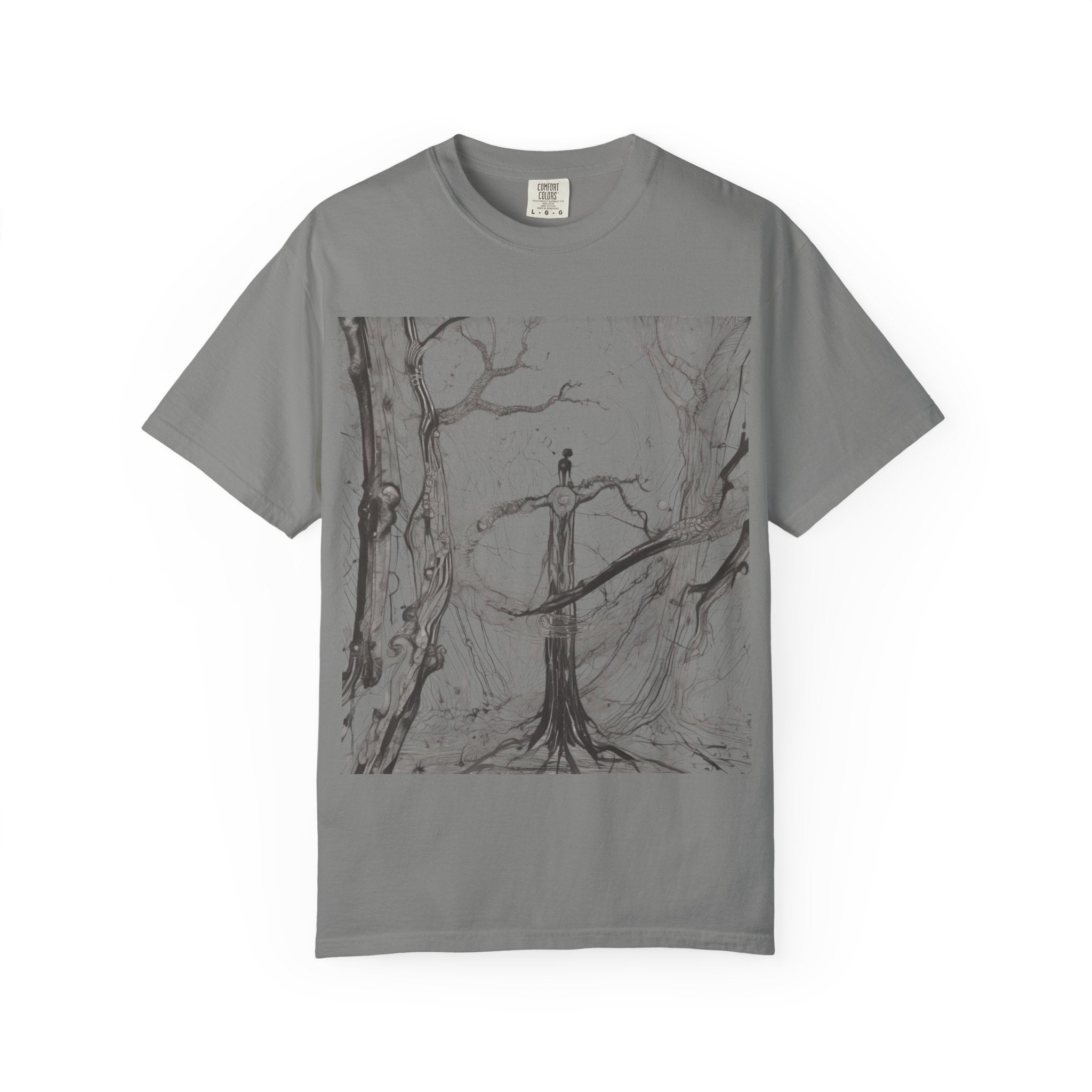 Nature-Inspired Unisex Garment-Dyed T-Shirt with Artistic Tree Design
