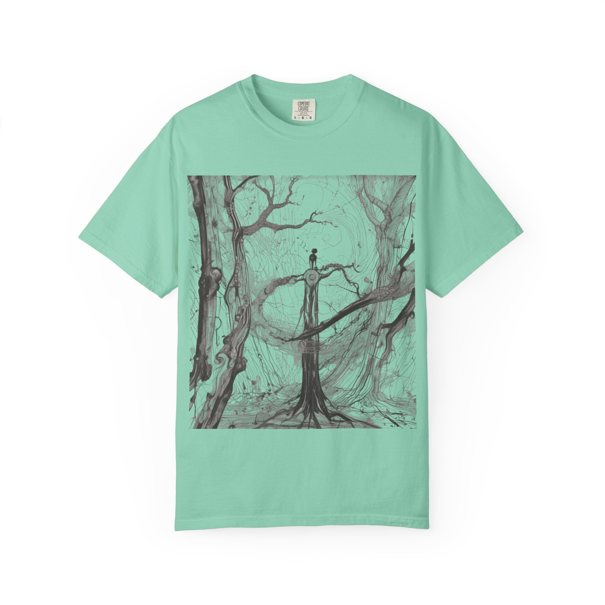 Nature-Inspired Unisex Garment-Dyed T-Shirt with Artistic Tree Design