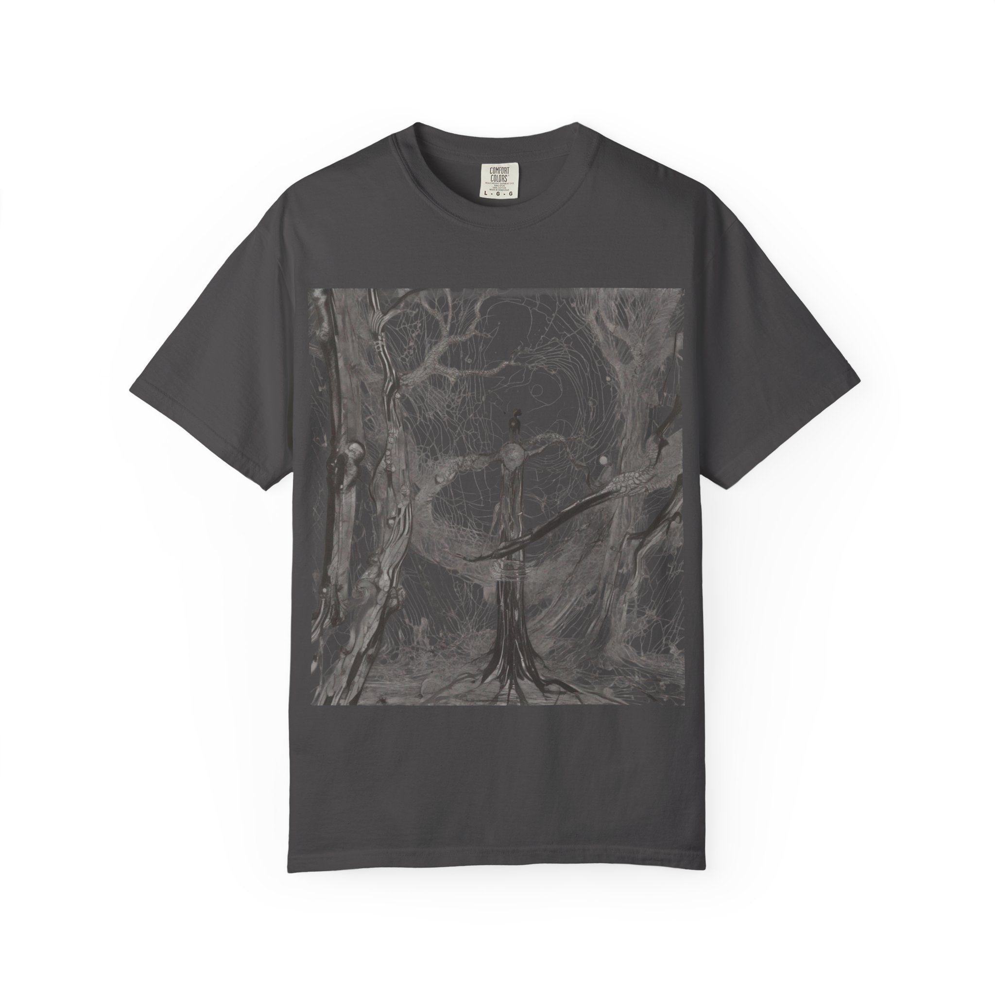 Nature-Inspired Unisex Garment-Dyed T-Shirt with Artistic Tree Design
