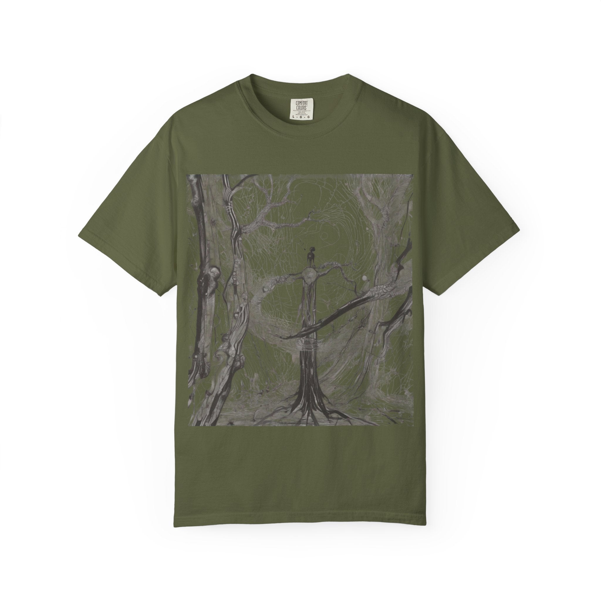Nature-Inspired Unisex Garment-Dyed T-Shirt with Artistic Tree Design