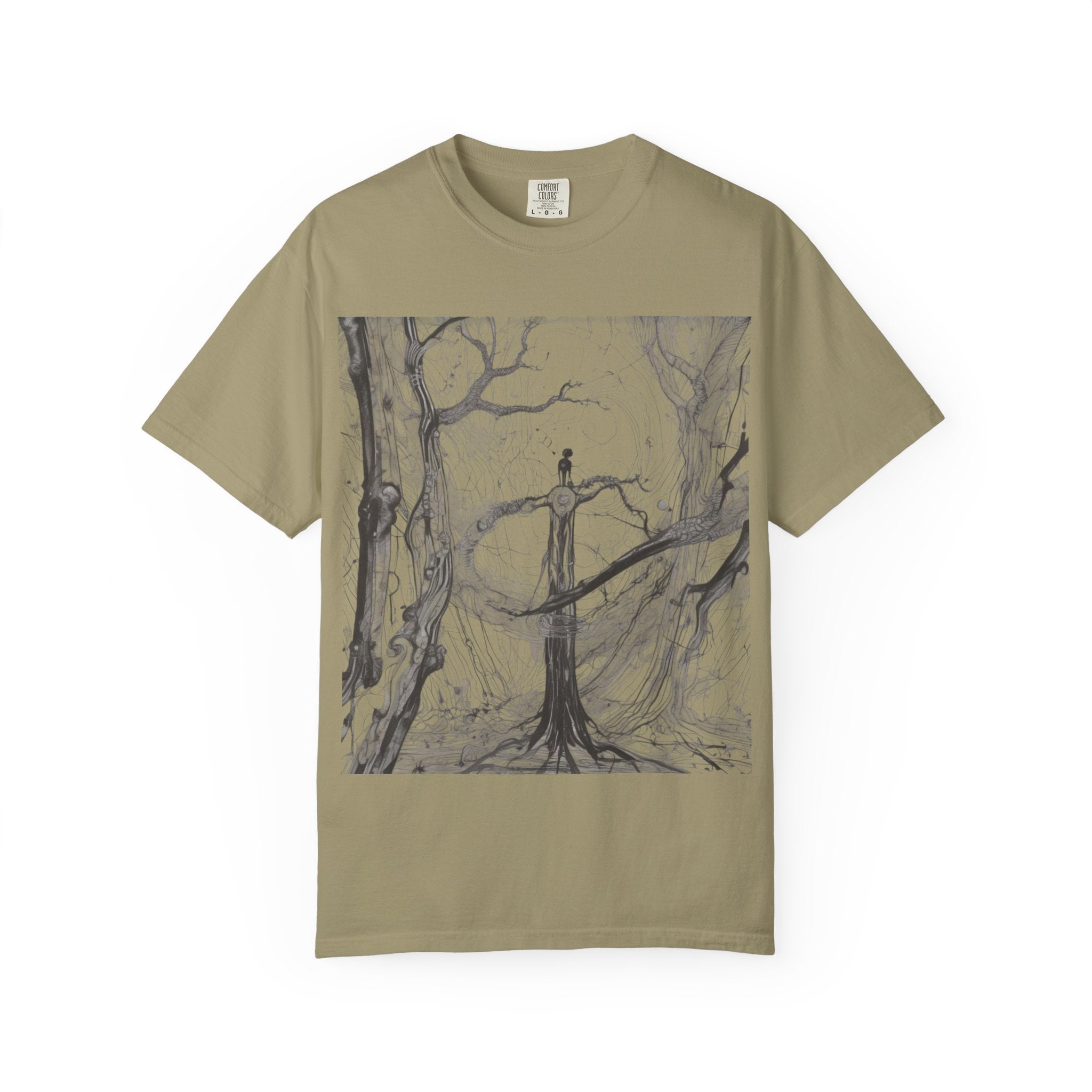 Nature-Inspired Unisex Garment-Dyed T-Shirt with Artistic Tree Design