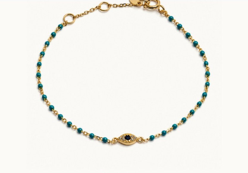Sterling Silver Gold Vermeil CZ Pave Evil Eye Turquoise Beads Bracelet