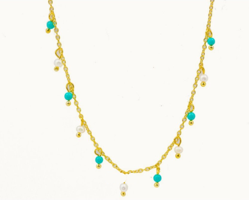Sterling Silver Gold Vermeil Turquoise and Pearl Beaded Necklace
