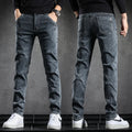 Front and back views of a man wearing the washed-black slim-fit stretch jeans