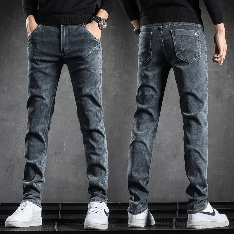 Front and back views of a man wearing the washed-black slim-fit stretch jeans