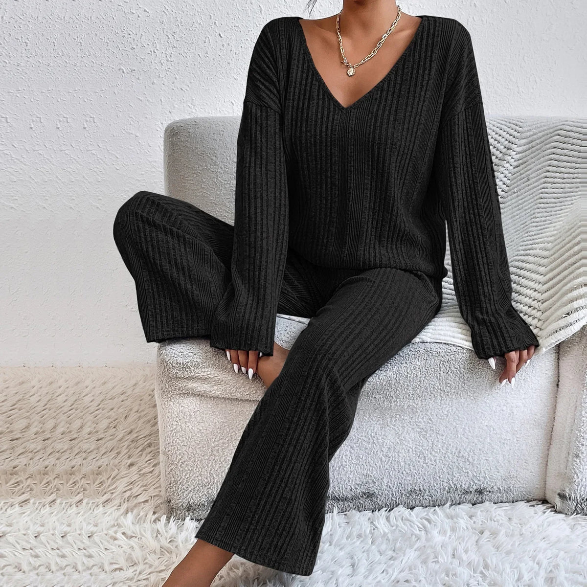 Ribbed loungewear two-piece set detail of knit texture