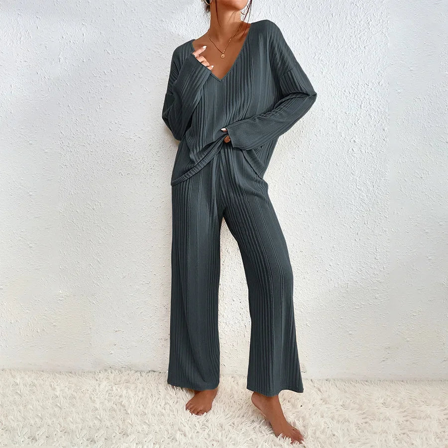 Women's ribbed loungewear set worn, full length