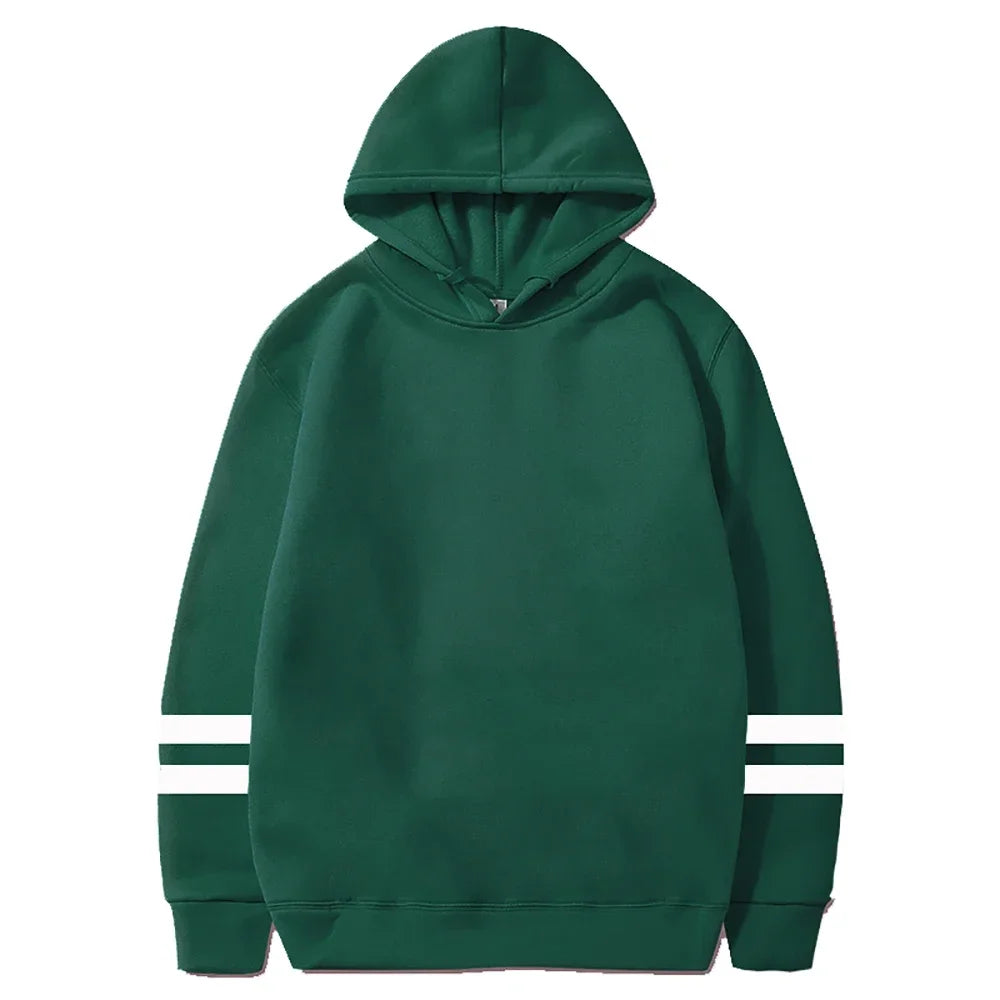 Striped-sleeve pullover hoodie in green, flat lay front view