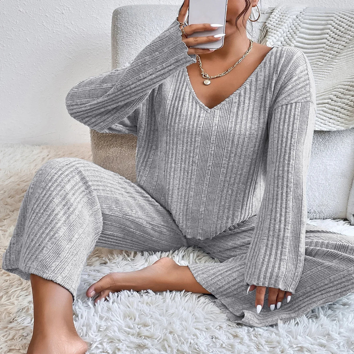 Ribbed thermal loungewear set, trousers detail