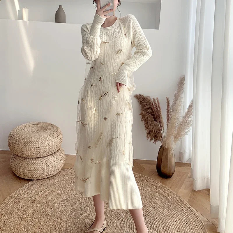 Women's slim knit sweater dress, long sleeves, solid color