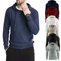 Quilted knit pullover hoodie in navy, model front view