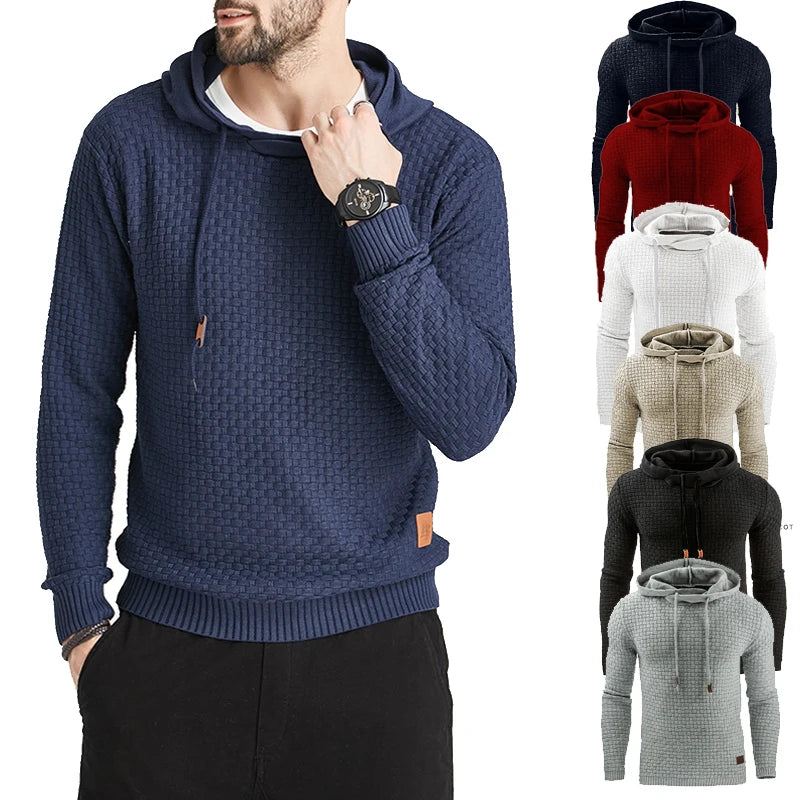Quilted knit pullover hoodie in navy, model front view
