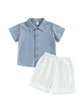 Baby two-piece outfit, button-up top and shorts set, front view