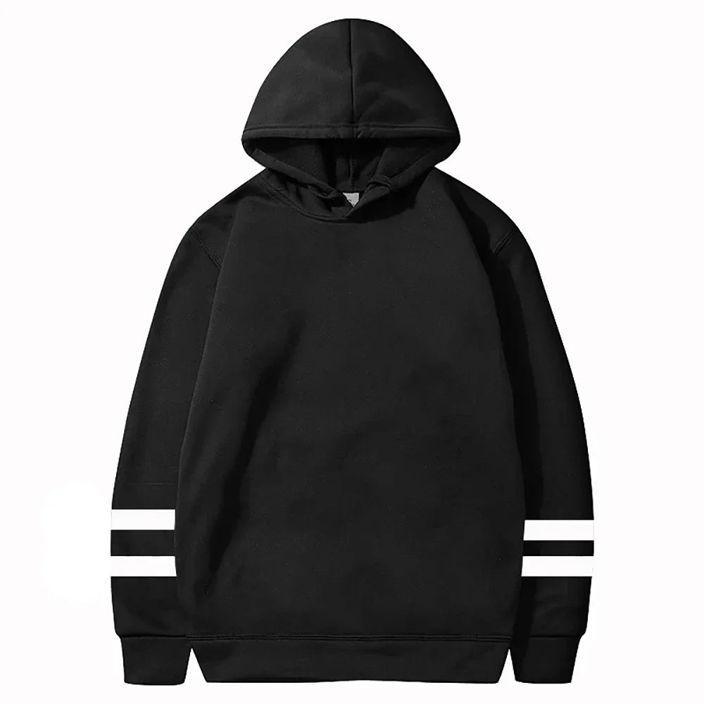 Striped-sleeve pullover hoodie in black, flat lay front view