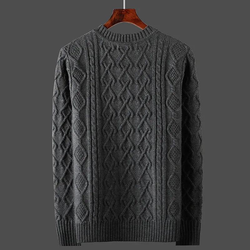 Charcoal grey cable-knit crewneck sweater shown on a hanger, front view