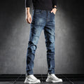 Man wearing the medium-blue winter warm slim-fit stretch jeans