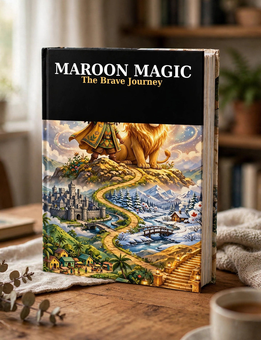 Maroon Magic: The Brave Journey book standing on a wooden desk
