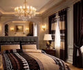 Five-piece comforter set with geometric pattern bedding and pillow shams on a bed