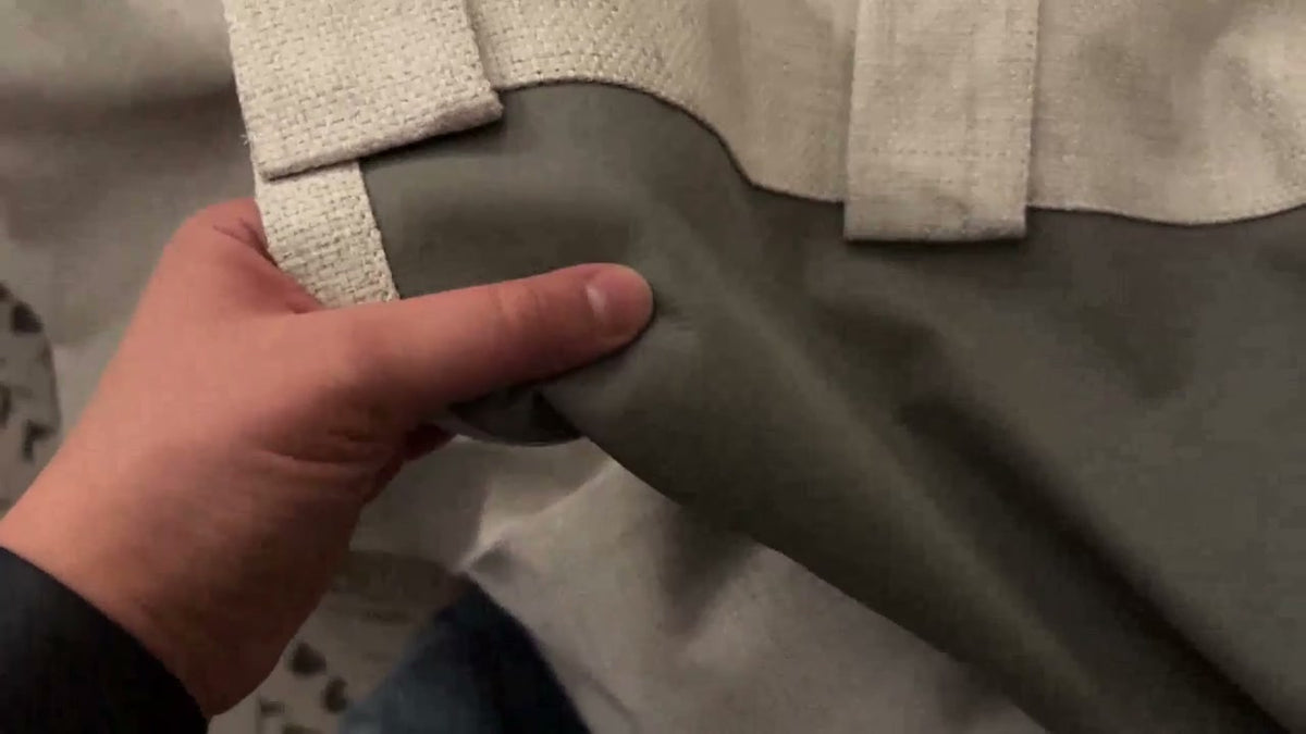 Close-up of blackout curtain linen texture face fabric, back tabs and thermal liner