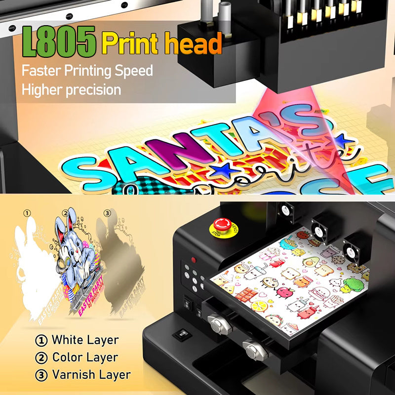 Epson L805 UV Flatbed Printer A4 — print head and varnish layers