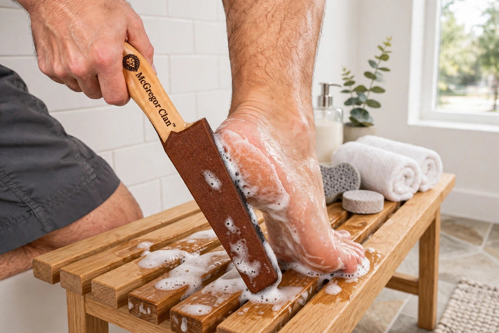 McGregor Clan Wooden Foot Scrub in use in the bathroom