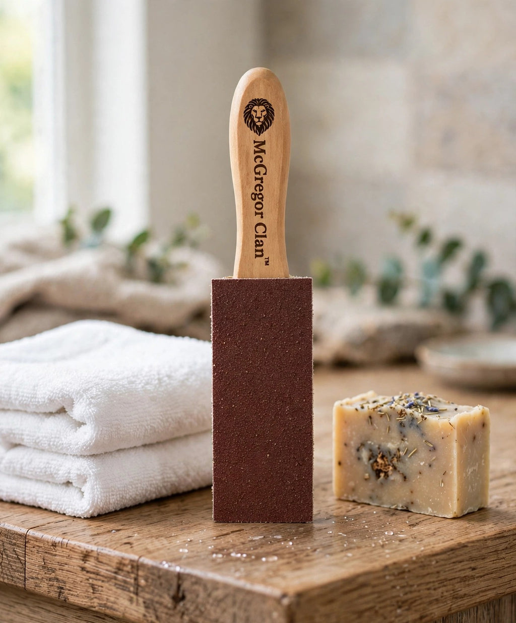 McGregor Clan Wooden Foot Scrub on a bathroom counter
