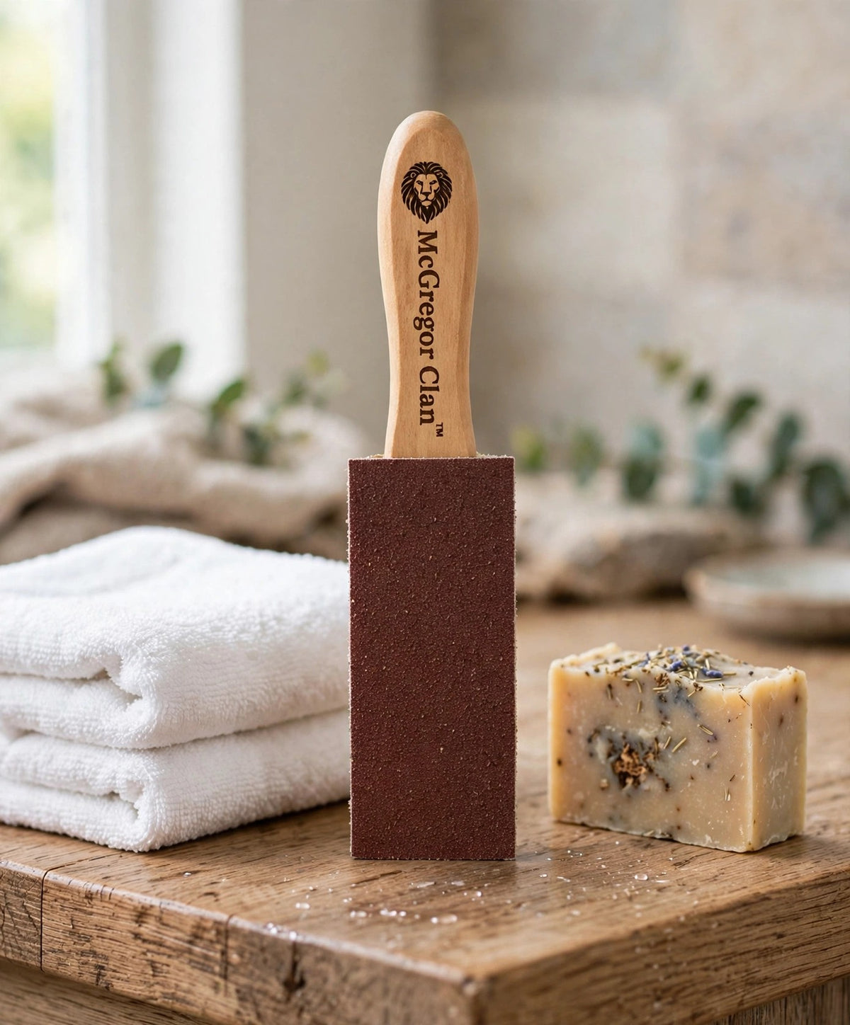 McGregor Clan Wooden Foot Scrub on a bathroom counter