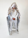 McGregor Clan Mylar Thermal Hooded Cloak worn — full-length silver thermal cloak with hood. Manufactured by McGregor Clan Inventions Inc.