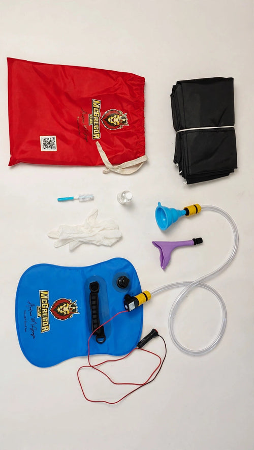 McGregor Clan Automobile Urinal Pack — full kit flat-lay: carry bag, privacy curtain, reservoir with electric pump and hose, funnels and accessories. Manufactured by McGregor Clan Inventions Inc.
