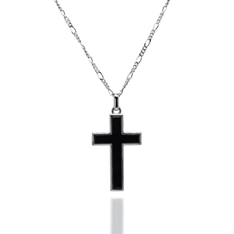 Men's Black Onyx Cross Pendant Necklace - Sterling Silver Rhodium Plated