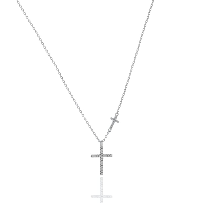 Sterling silver CZ pave cross necklace rhodium