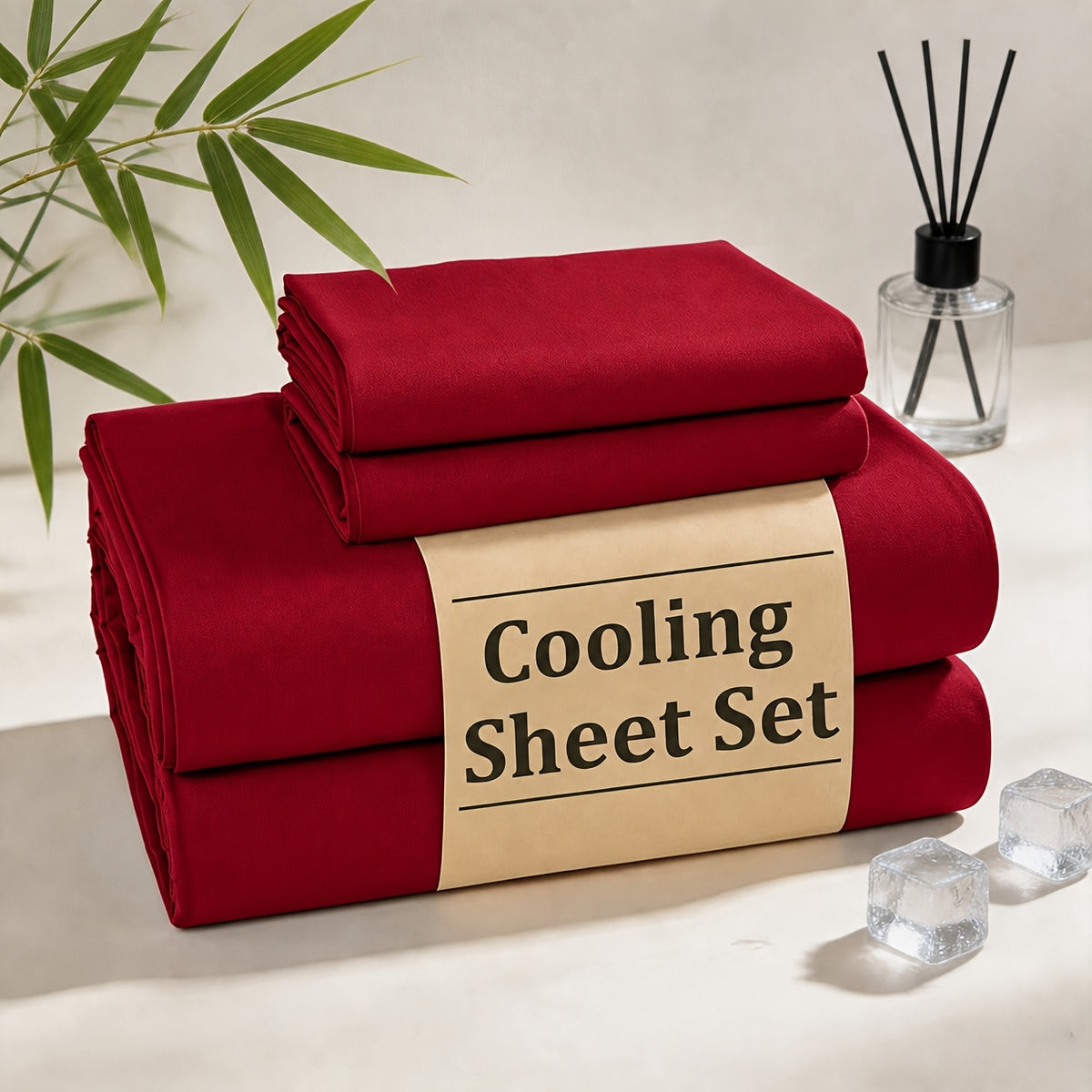 Four-piece deep pocket sheet set with fitted sheet, flat sheet and pillowcases on a bed