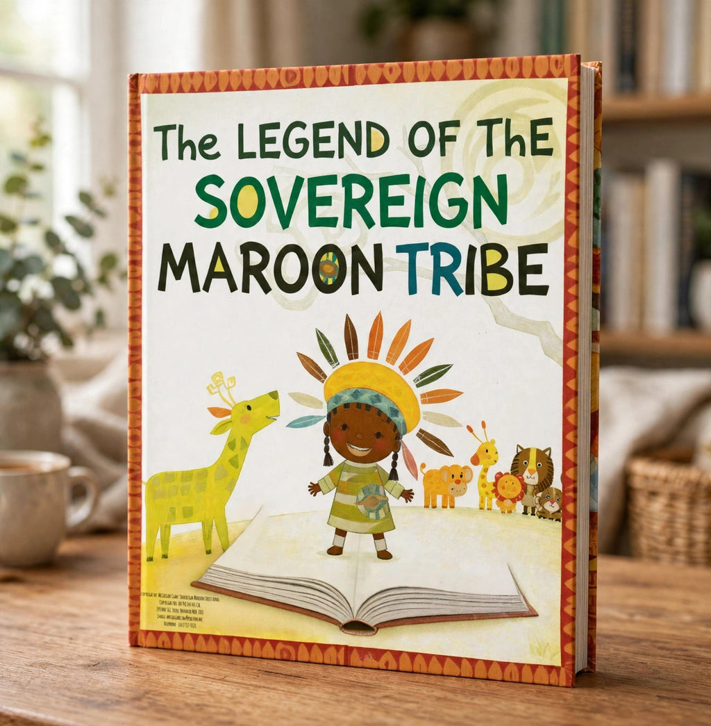 The Legend of the Sovereign Maroon Tribe book standing on a wooden desk