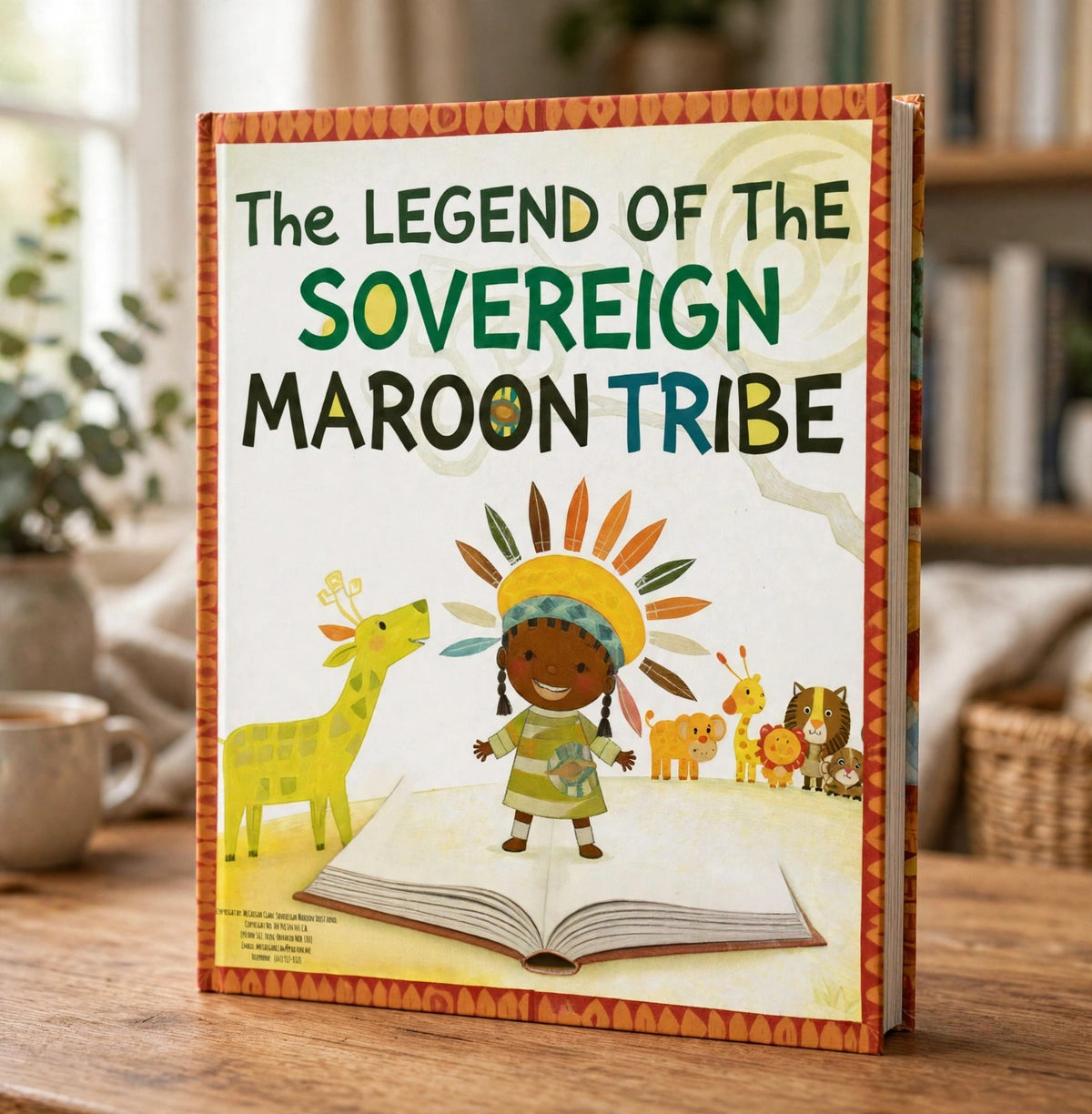 The Legend of the Sovereign Maroon Tribe book standing on a wooden desk