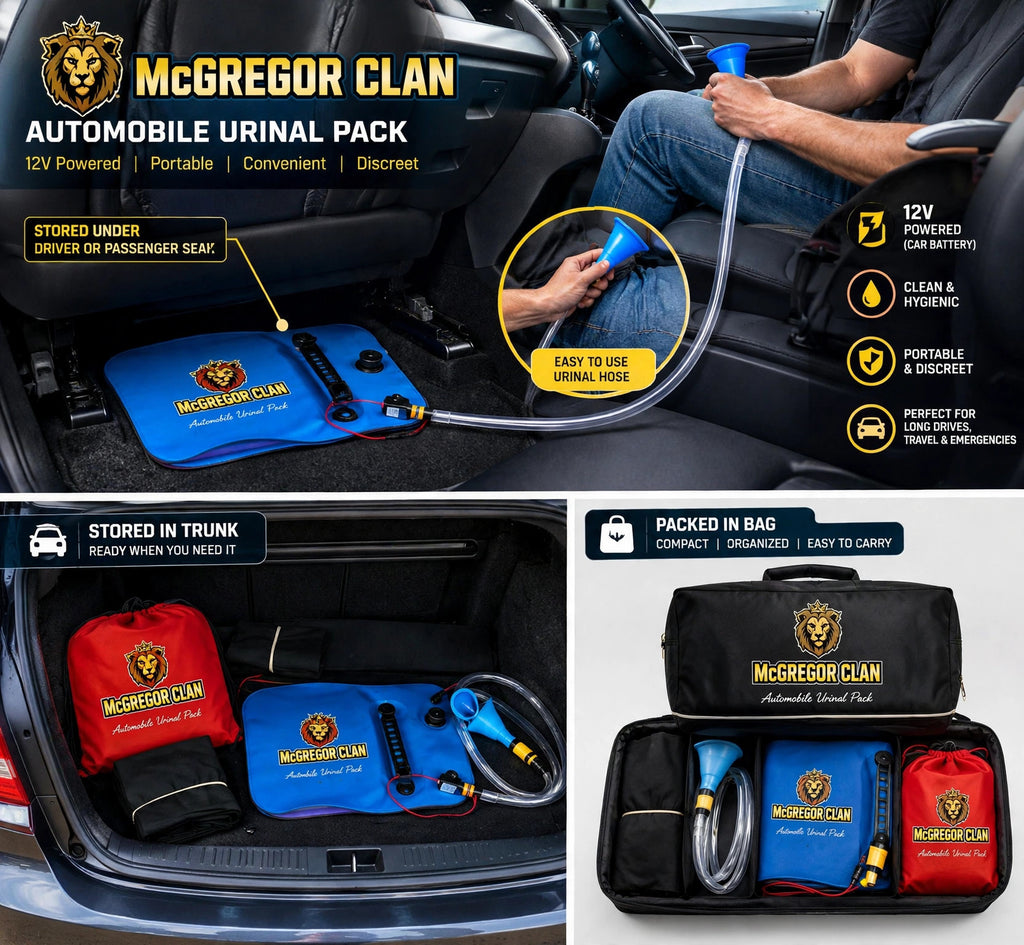 McGregor Clan Automobile Urinal Pack — marketing mockup: stored under the seat, packed in its carry bag, ready in the trunk. Manufactured by McGregor Clan Inventions Inc.