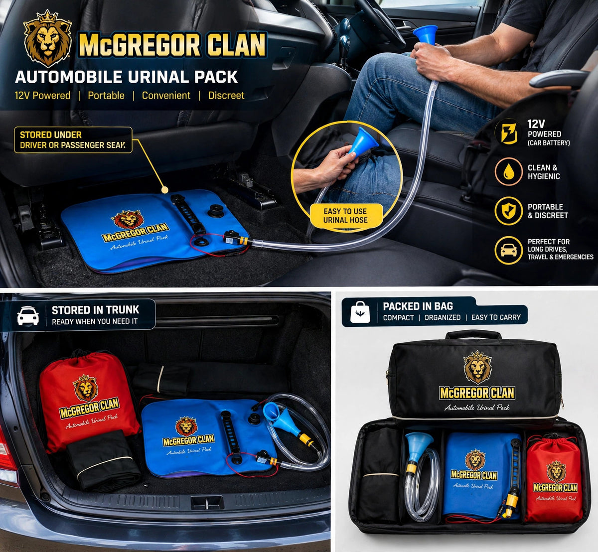 McGregor Clan Automobile Urinal Pack — marketing mockup: stored under the seat, packed in its carry bag, ready in the trunk. Manufactured by McGregor Clan Inventions Inc.