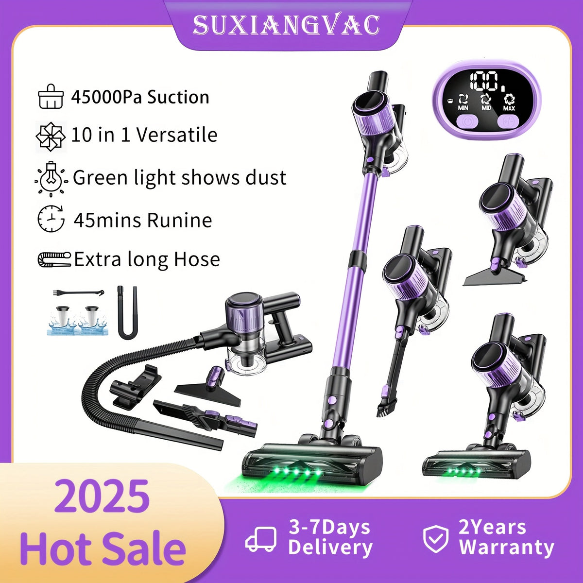 Cordless 10-in-1 stick vacuum cleaner with anti-tangle brush head and green light