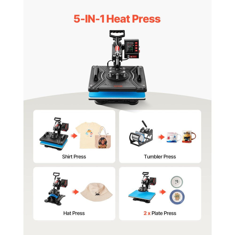 VEVOR Heat Press 5-in-1 12x15 — press functions overview