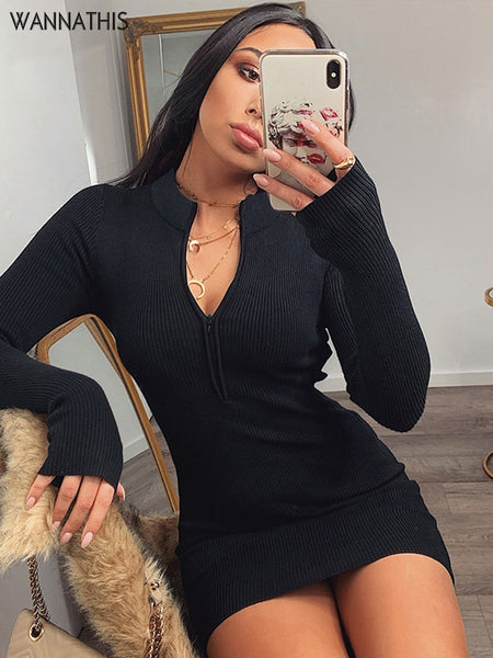 McGregor Clan-Sexy Long Sleeve Black Skinny Elastic Autumn Spring New Solid Fashion Women Party Dress